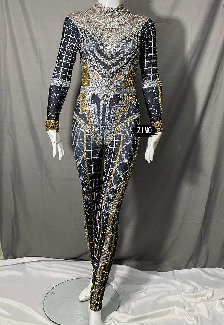 fashion Rhinestones Jumpsuit Crystal Pearl sexy Women Jumpsuits spandex party Nightclub birthday Pole Dance Singer Stage Costume
