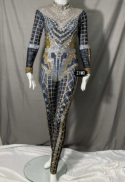 fashion Rhinestones Jumpsuit Crystal Pearl sexy Women Jumpsuits spandex party Nightclub birthday Pole Dance Singer Stage Costume