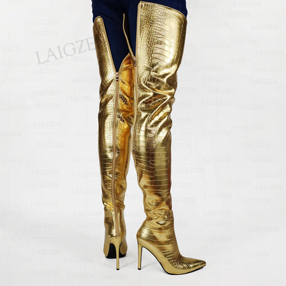 LAIGZEM Women Crotch High Boots Full Back Zip Up Stiletto High Heels Boots Corcodile Print Ladies Shoes Woman Big Size 38 42 47