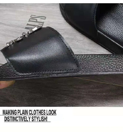 Summer Fashion Men's Leather Slippers Couple Beach Shoes Skull Sandals Slippers Antiskid Open Toe Flip Flops Big Size Slides
