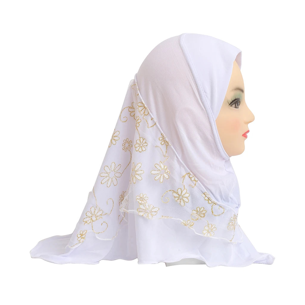 H043 beautiful small girl hijab with flower net cute hijab hats women's caps can fit 2-6 years old girls muslim baby headscarf