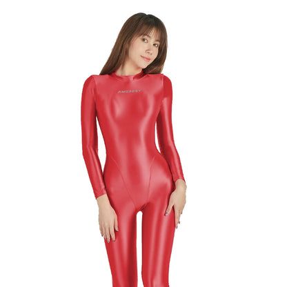 AMORESY Sexy Shiny Long Sleeve Full Length Oil Tights Smooth Leotard Running Overall Yoga Zentai Casual Sport Jumpsuits Catsuits