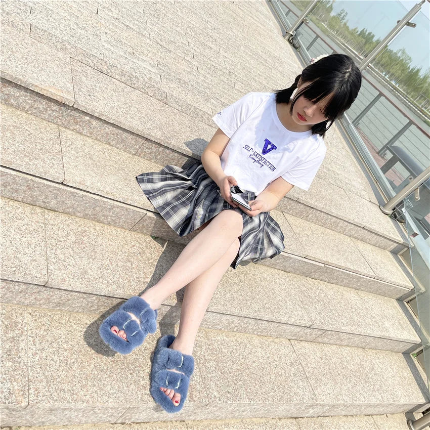 Slippers Ladies Summer Fluffy Mink Fur Slippers 100% Mink Fur Slippers Ladies Sandals 2021 Home Slippers Girls Outdoor Slippers
