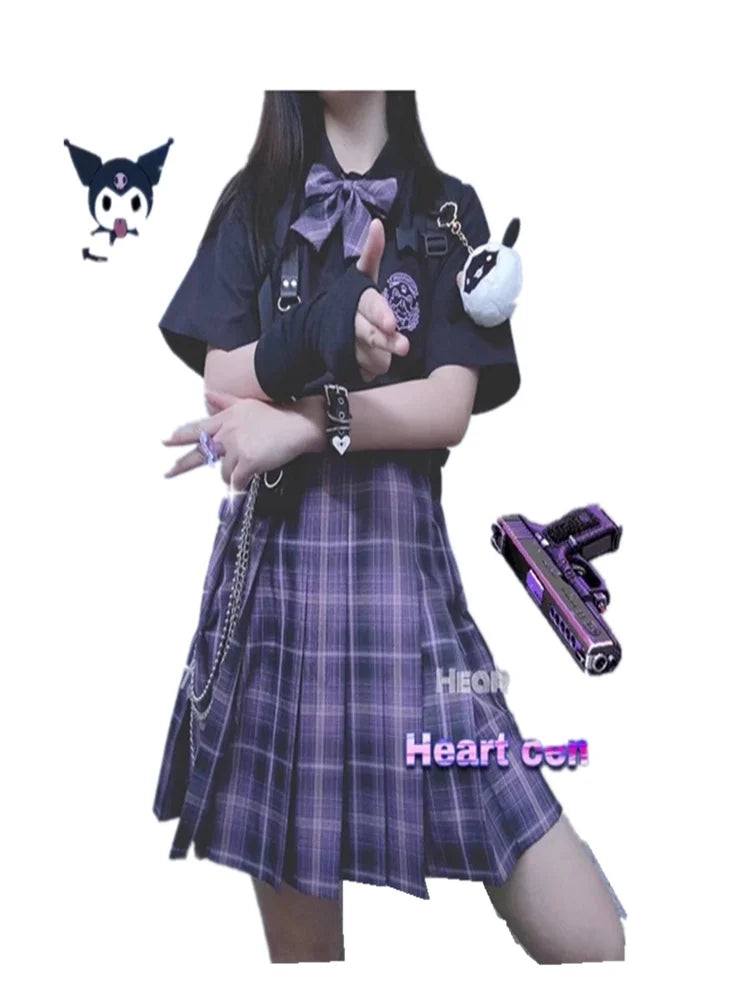 Japanese Harajuku Three piece set Plaid Mini Women Skirt School Uniforms Skirt A-line Sweet High Waist Women kawaii Suits & Sets