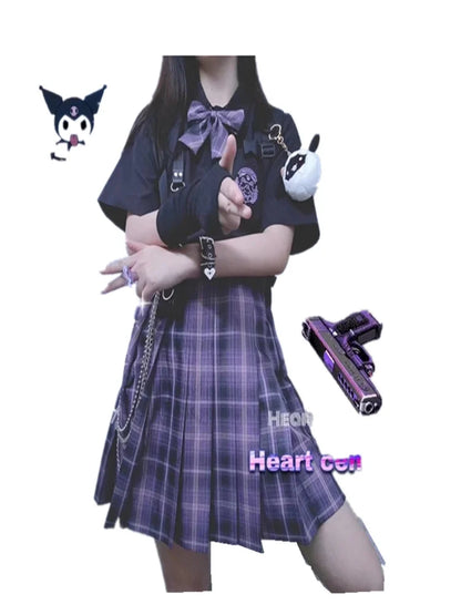 Japanese Harajuku Three piece set Plaid Mini Women Skirt School Uniforms Skirt A-line Sweet High Waist Women kawaii Suits & Sets