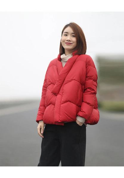 Schinteon Women Japanese Style Jacket Over Size White Duck Down Coat Loose Warm Autumn Winter Casual Outwear Top Quality