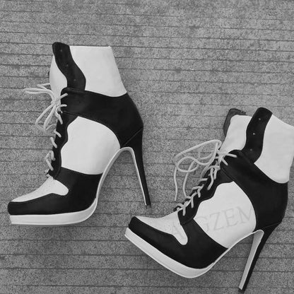 LAIGZEM SUPER Women Ankle Boots Patchwork High Heel Comfortable Short Boots Winter Casual Ladies Botines Mujer Big Size 45 46 47