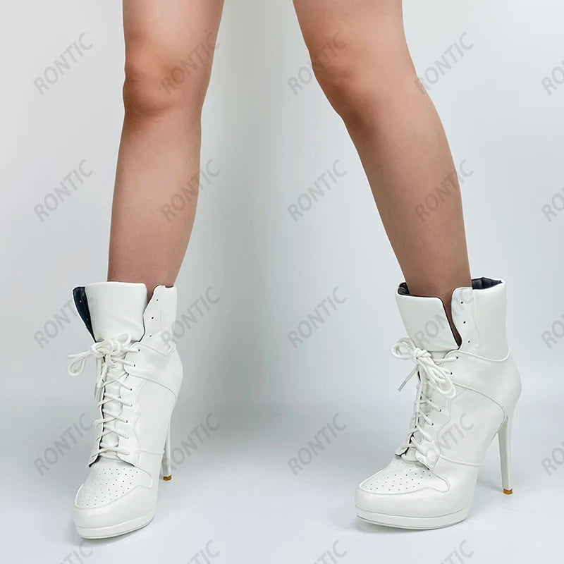 Rontic Handmade Women Winter Ankle Boots Unisex Lace Up Sexy Stiletto Heels Round Toe Pretty White Casual Shoes US Size 5-20