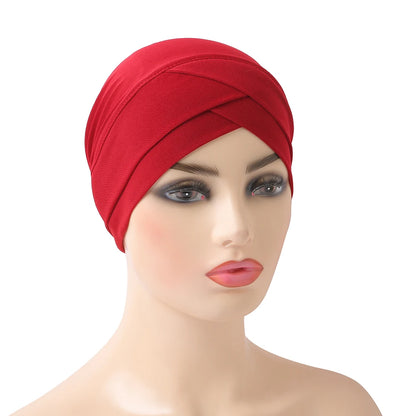 H117 Forehead criss Cross Muslim Turban Pure Color Stretch Inner Hijabs For Caps Ready To Wear Women Head Scarf Under Bonnet