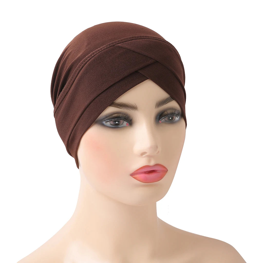 H117 Forehead criss Cross Muslim Turban Pure Color Stretch Inner Hijabs For Caps Ready To Wear Women Head Scarf Under Bonnet