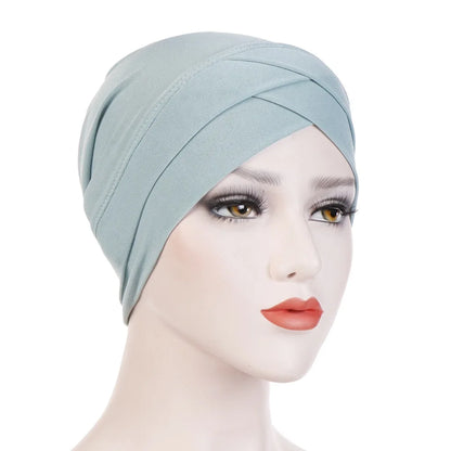 H117 Forehead criss Cross Muslim Turban Pure Color Stretch Inner Hijabs For Caps Ready To Wear Women Head Scarf Under Bonnet