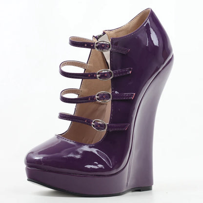 Blue PU Leather 6 Inch Wedge Sandals Women Sexy Multi Strap Buckle High Heel Platform Pumps Gothic Fetish Plus Size Shoe
