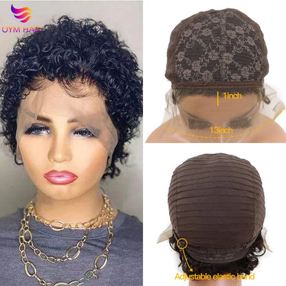 13x4 Lace Frontal Wigs Human Hair Pixie Cut 180% Density Black Color Water Wave Short Pixie Cut Wigs for Women Preplucked