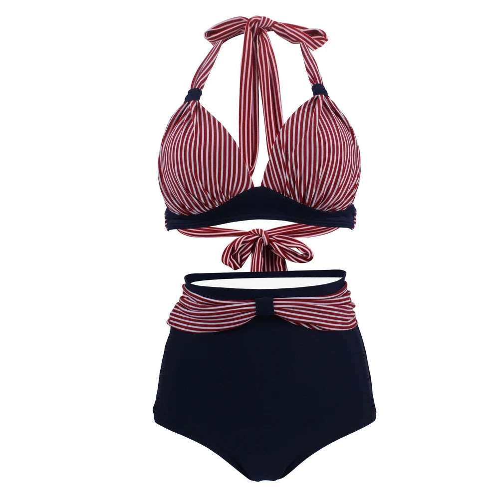 Pleated Bikini Red Top Navy Blue With White Dots Bottom Women Classic High Waist Halter Bikini Sets Plus Size Two-piece Swimwear