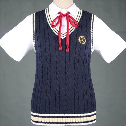 New College Uniform Knitted Vest Embroidery British Style Campus Students Women Men Sweater Waistcoat Girls Jk Daily Clothes 5xl