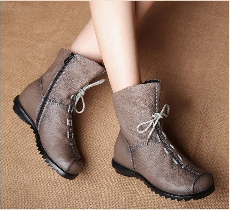 JIANBUDAN/ Genuine Leather Plush Women's Short Boots Retro Casual Autumn Winter Women's Boots Waterproof Leather Warm Snow Boots