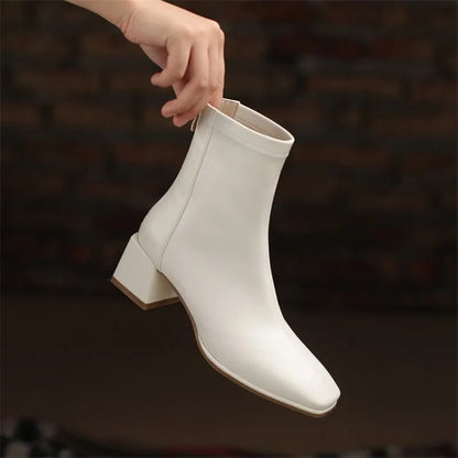 Meotina Ankle Boots Women Genuine Leather High Heel Shoes Thick Heel Short Boots Zip Square Toe Ladies Boots Autumn Winter Beige
