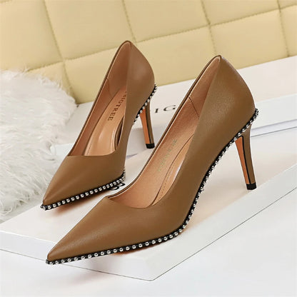 BIGTREE Sexy Rivets String Bead Women's Shoes Party Soft Leather Pointed Toe High Heels Pumps Spring Shallow Office Shoes Women