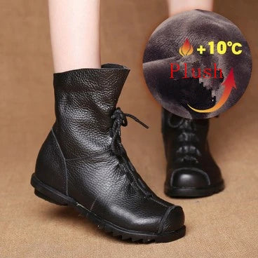 JIANBUDAN/ Genuine Leather Plush Women's Short Boots Retro Casual Autumn Winter Women's Boots Waterproof Leather Warm Snow Boots