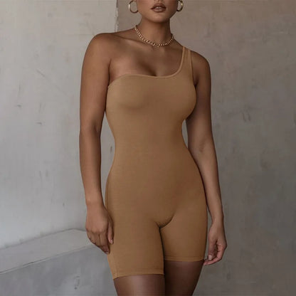 Sleeveless Playsuit Solid Color Rompers Women Jumpsuit Single Shoulder Bodysuits Yoga Fitness Sports One-pieces Short Overalls