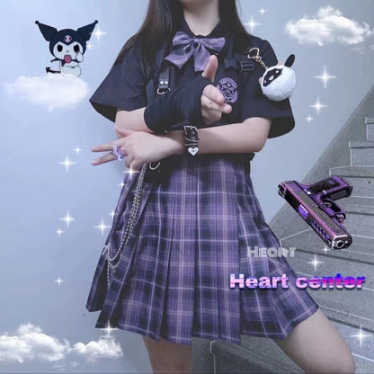 Japanese Harajuku Three piece set Plaid Mini Women Skirt School Uniforms Skirt A-line Sweet High Waist Women kawaii Suits & Sets