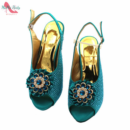 Buckle Strap Sandals Nigerian Women Shoes and Bag Set in Yellow Color with Shinning Crystal Italian Lady Shoes and Bag for Party