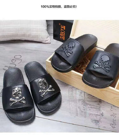 Summer Fashion Men's Leather Slippers Couple Beach Shoes Skull Sandals Slippers Antiskid Open Toe Flip Flops Big Size Slides