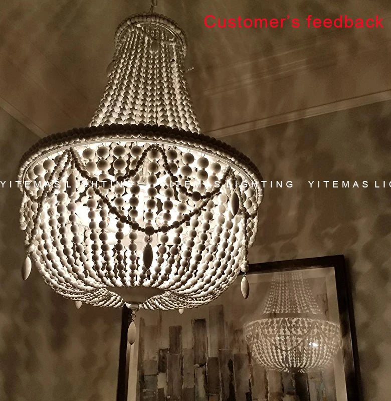 French Country white wood Bead Chandelier dining room bedroom princess Decorative chandelier 3/5 lights hanging light fixture