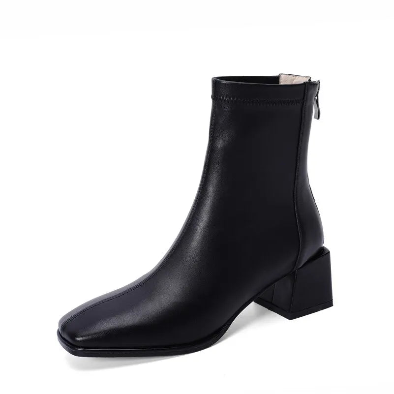 Meotina Ankle Boots Women Genuine Leather High Heel Shoes Thick Heel Short Boots Zip Square Toe Ladies Boots Autumn Winter Beige