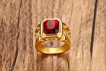 Square Red gemstones zircon diamonds rings for men 18K gold color titanium stainless steel luxury jewelry bijoux bague accessory