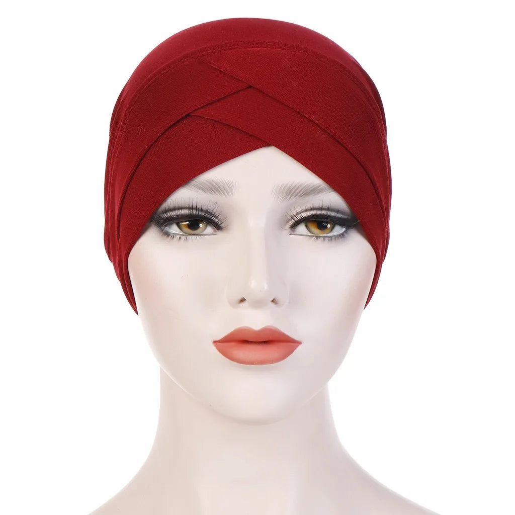 H117 Forehead criss Cross Muslim Turban Pure Color Stretch Inner Hijabs For Caps Ready To Wear Women Head Scarf Under Bonnet