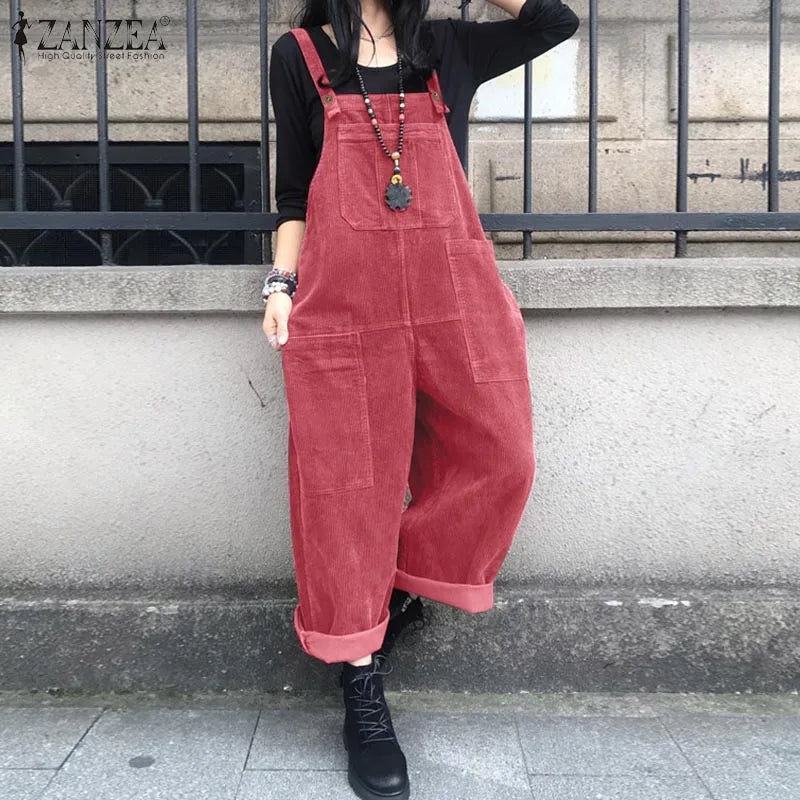 Corduroy Overalls Women's Summer Bib Jumpsuits ZANZEA 2026 Casual Suspender Harem Pants Female Solid Rompers Femme Oversize