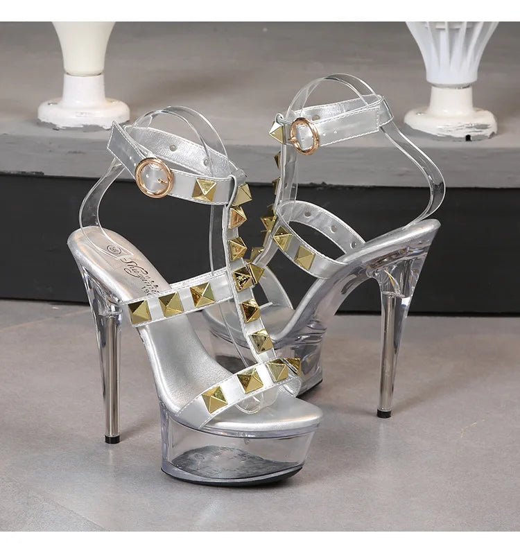 Women's Platform Sandals Rivet Pull Sandals Transparent High Heel 13CM Slim Heel Summer Waterproof Table LFD-1099-36