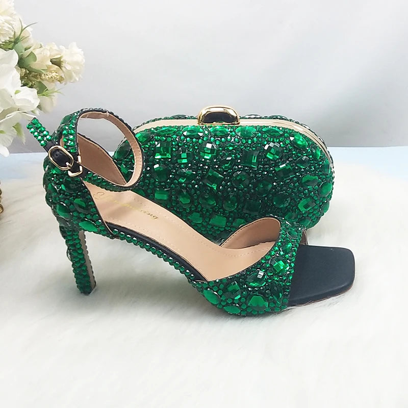 BaoYaFang 2022 NEW ARRIVE Green Crystal Wedding Shoes Woman Thin Heel Pointed Toe Bridal Party Dress Shoe Big Size High Pumps