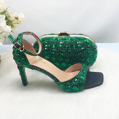 BaoYaFang 2022 NEW ARRIVE Green Crystal Wedding Shoes Woman Thin Heel Pointed Toe Bridal Party Dress Shoe Big Size High Pumps