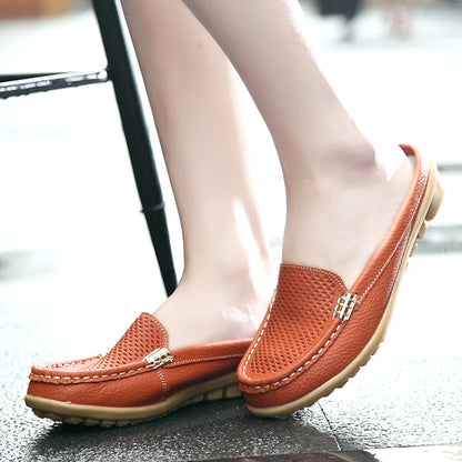 Women Casual Shoes Hollow Out Lady Half Lofers Genuine Leather Flats Moccasins Women Luxury Brand Half Slippers Zapatillas Mujer