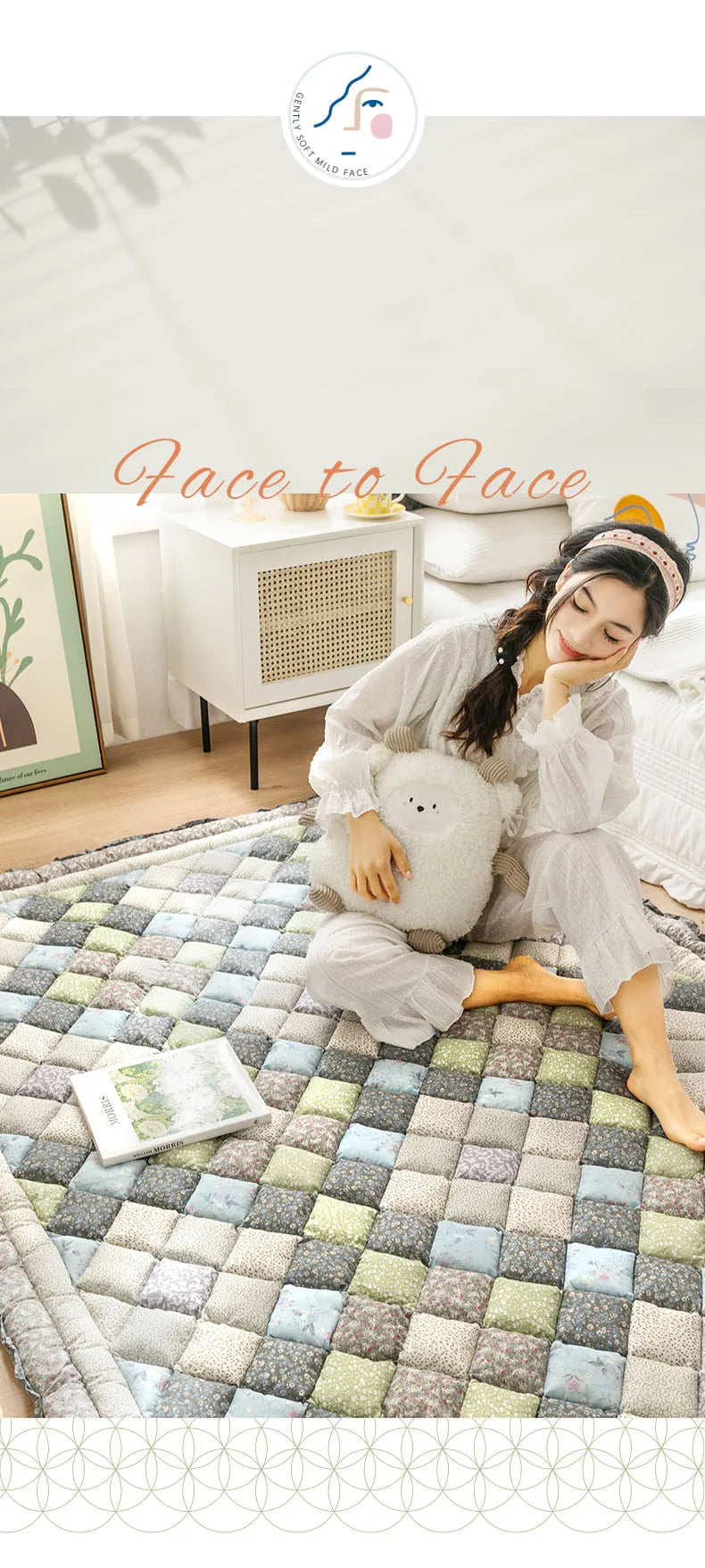 Large Thick Cotton Quilted Rugs for Living Room Anti Slip Bedroom Bedside Carpet Rugs Winter Warm Floral Print Tatami Floor Mats