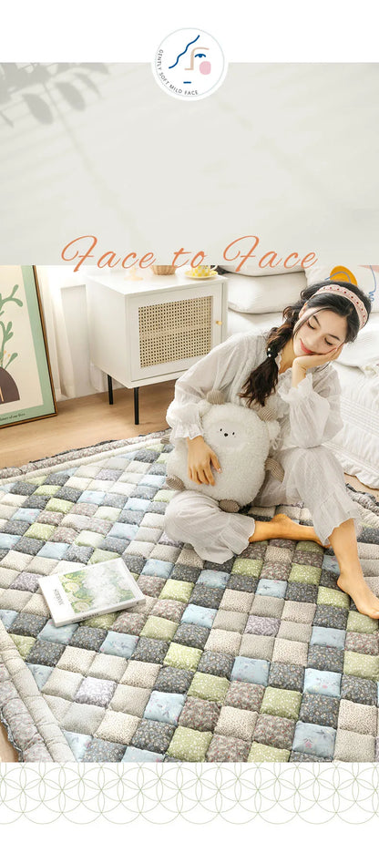 Large Thick Cotton Quilted Rugs for Living Room Anti Slip Bedroom Bedside Carpet Rugs Winter Warm Floral Print Tatami Floor Mats