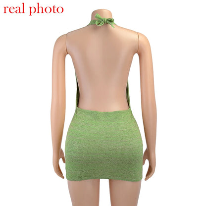 Cryptographic Halter Sexy Backless Mini Dresses Bodycon Skinny Club Party Sleeveless Knitted Dress Fall Streetwear Beach Holiday