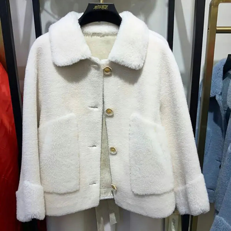 Real Fur Sheepskin Coat Women Winter  Genuine Wool Coats Female turndown Collar Winter Warm Sheep Shearing Jacket Outercoat