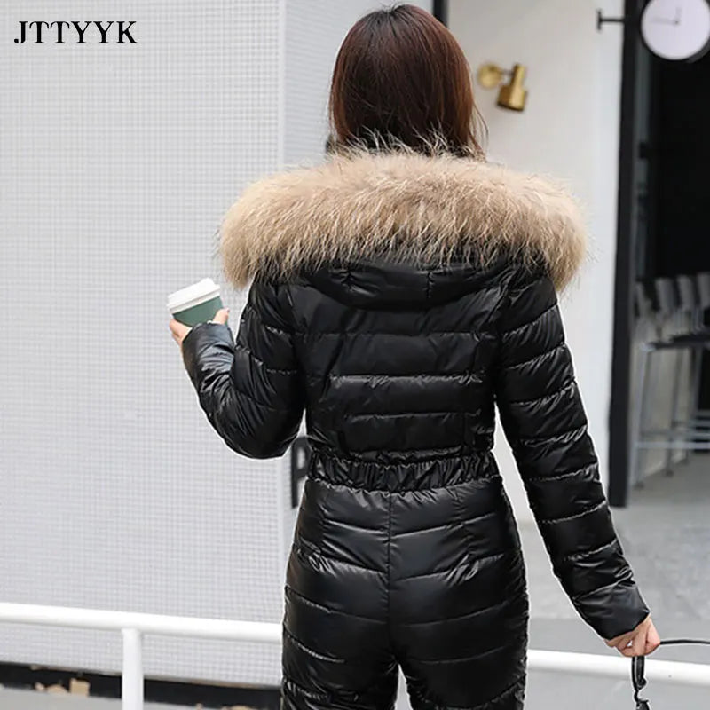 One Piece Ski Suit Women Jackets Winter Hooded Parka Jumpsuit Women Cotton Bodysuit Sashes Jumpsuits Zipper Overalls Tracksuits