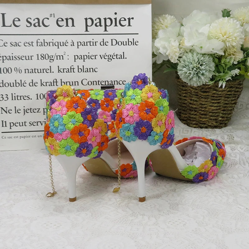 Fashion multicolored Flower Wedding Shoes With Matching Bags High Heels Pointed Toe Ankle Strap Ladies Party shoe and bag set