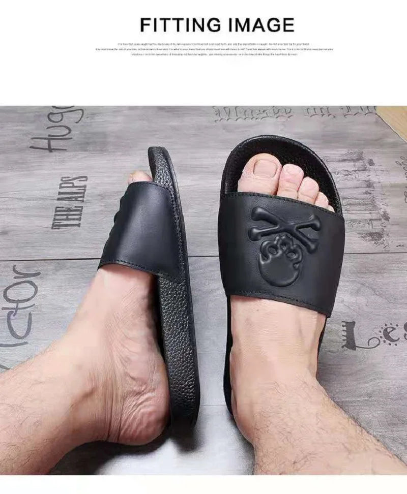 Summer Fashion Men's Leather Slippers Couple Beach Shoes Skull Sandals Slippers Antiskid Open Toe Flip Flops Big Size Slides