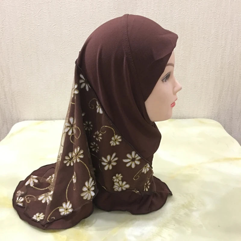 H043 beautiful small girl hijab with flower net cute hijab hats women's caps can fit 2-6 years old girls muslim baby headscarf