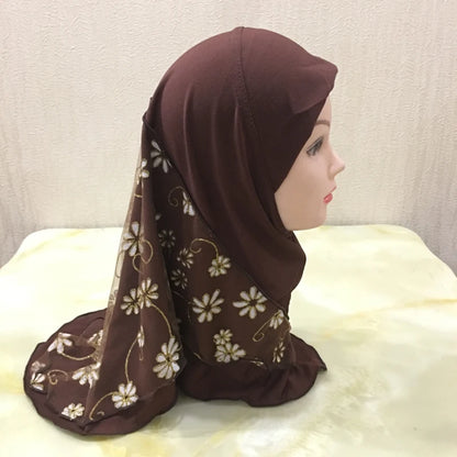 H043 beautiful small girl hijab with flower net cute hijab hats women's caps can fit 2-6 years old girls muslim baby headscarf