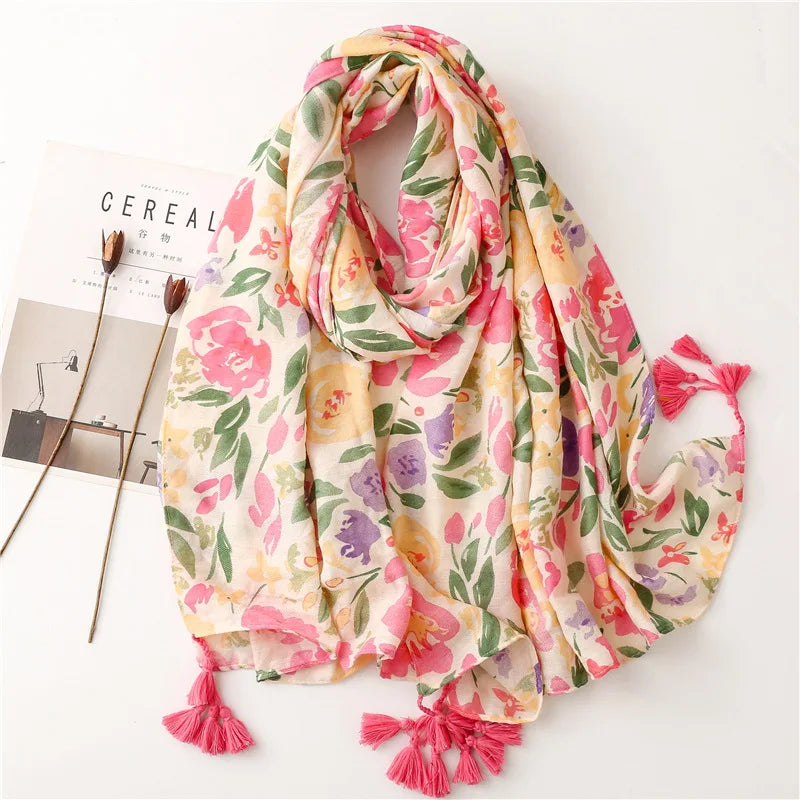 2026 Luxury Brand Ink Painting Floral Tassel Viscose Shawl Scarf Lady High Quality Pashmina Hijab and Wraps Foulard Muslim Sjaal