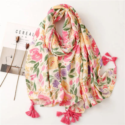 2026 Luxury Brand Ink Painting Floral Tassel Viscose Shawl Scarf Lady High Quality Pashmina Hijab and Wraps Foulard Muslim Sjaal