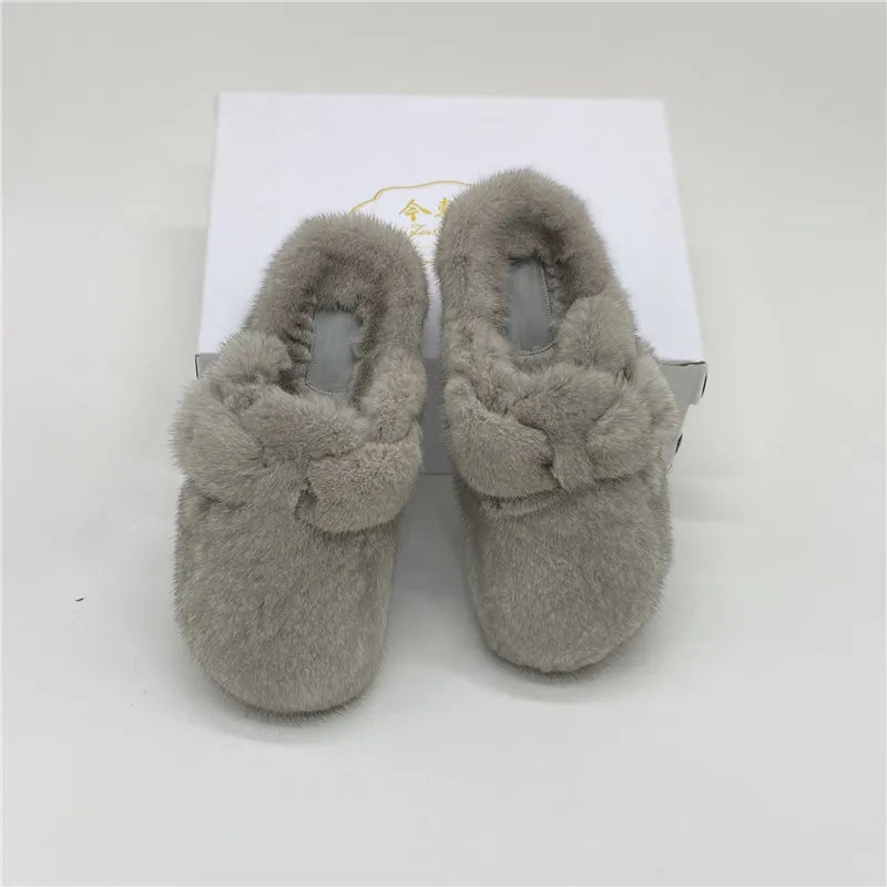 Female Luxury Real Mink Fur Slippers, Women's Clogs, Slip-on Casual Winter Shoes, Mules Shoes Women Luxury Designer Mink Slipper