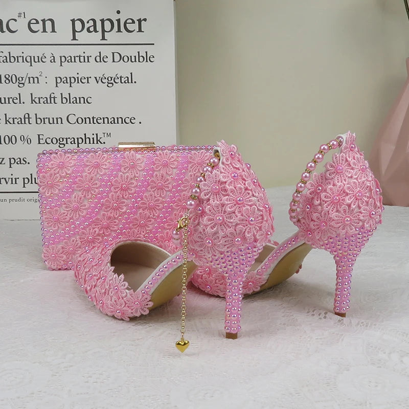 AB Pink Pearl Flower Wedding Shoes With Matching Bags High Heels Pointed Toe Ankle Strap Ladies Party Shoe and Bag Set