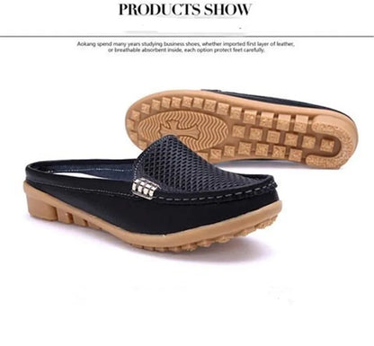 Women Casual Shoes Hollow Out Lady Half Lofers Genuine Leather Flats Moccasins Women Luxury Brand Half Slippers Zapatillas Mujer